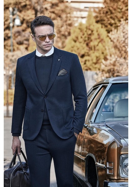 Koyu Lacivert Desen Örme Kılıç Yaka Beli Lastikli 6 Drop Slim Fit Classic Takım Elbise 1001245170