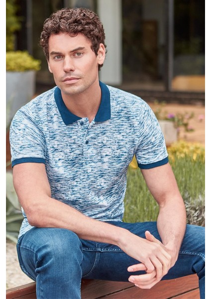 Lacivert Baskılı Pike Polo Yaka Garnili Pamuk Casual Slim Fit Dar Kesim Tişört 1011240157