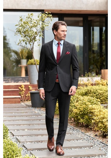 Siyah Çizgili Mono Yaka Astarlı Likralı 6 Drop Slim Fit Dar Kesim Casual Takım Elbise 1001240171