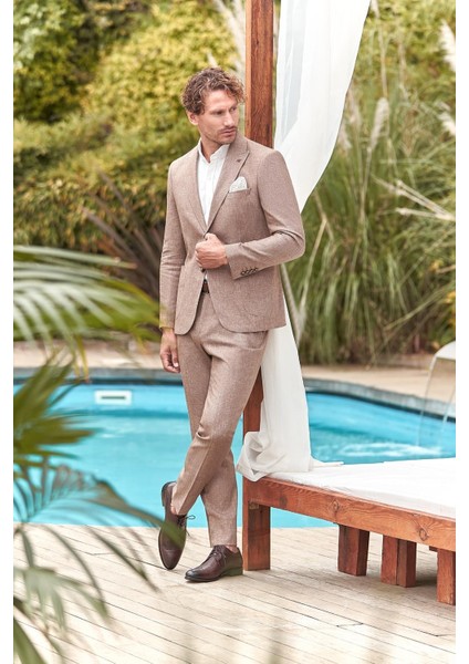 Kahverengi Kırlangıç Yaka Pamuklu Keten 6 Drop Slim Fit Dar Kesim Klasik Takım Elbise 1001240103