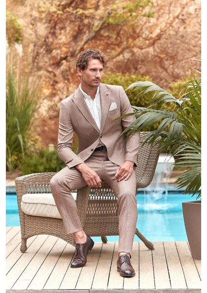 Kahverengi Kırlangıç Yaka Pamuklu Keten 6 Drop Slim Fit Dar Kesim Klasik Takım Elbise 1001240103