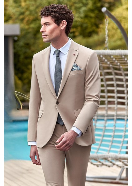 Taş Rengi Mono Yaka Çift Yırtmaç Likralı 6 Drop Slim Fit Dar Kesim Klasik Takım Elbise 1001240164