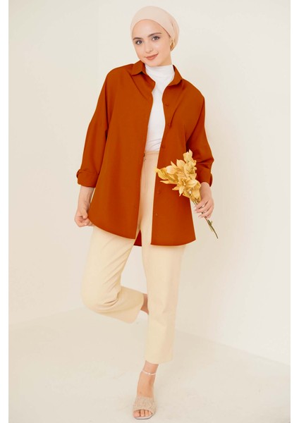 103901 Oversize Basic Tesettür Gömlek - Kiremit