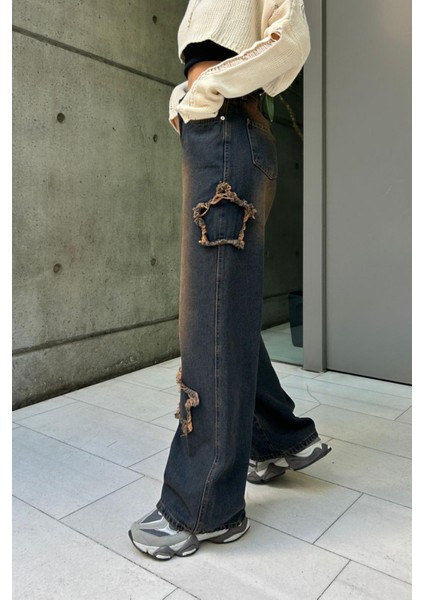 Lacivert Yıldız Yamalı Taşlanmış Vintage Baggy Kot Pantolon fiyatları