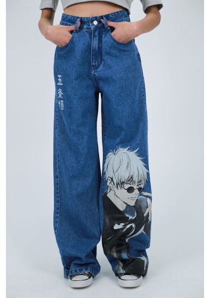 Mavi Jean Jujutsu Kiasen Satoru Gojo Baggy Kot Pantolon