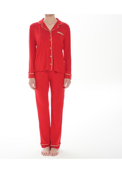 Kadın Kırmızı Uzun Kollu Gold Biyeli Mikro Modal Pijama Takımı modelleri