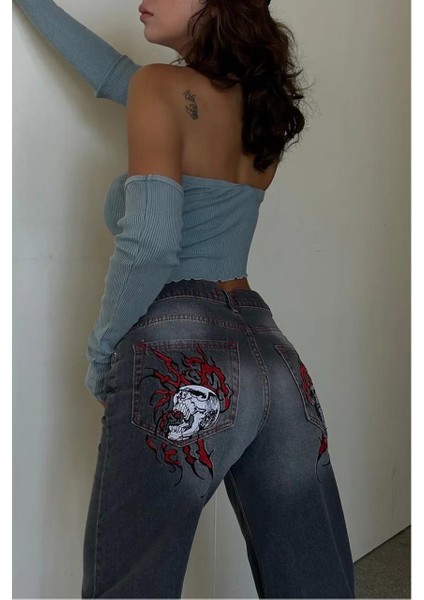 Yeni Gri Double Fire Skull Streetwear Yıkamalı Jean Pantolon