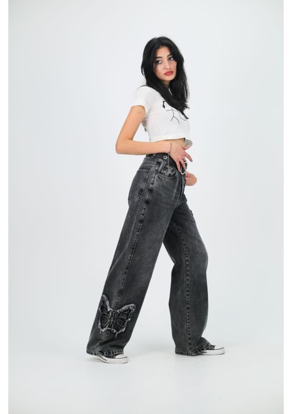 Siyah Jean Butterfly Baggy Kot Pantolon