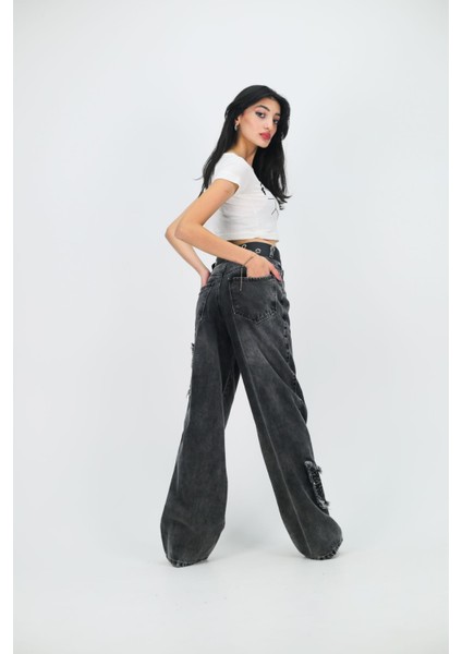 Siyah Jean Butterfly Baggy Kot Pantolon