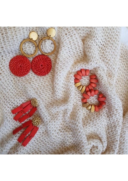 Leanna Earrings In Coral El Yapımı Hasır Küpe