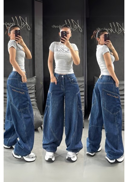 Kadın Lacivert Baggy Kot Pantolon Günlük Kullanım İçin Rahat Kesim Denim