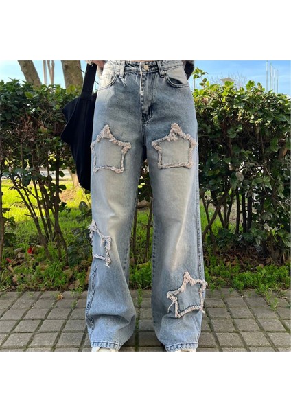 Buz Mavisi Taşlanmış Yıldız Yamalı Vintage Baggy Kot Pantolon