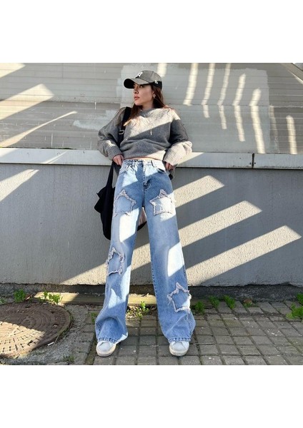 Buz Mavisi Taşlanmış Yıldız Yamalı Vintage Baggy Kot Pantolon modelleri