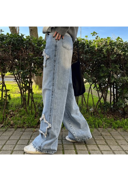 Buz Mavisi Taşlanmış Yıldız Yamalı Vintage Baggy Kot Pantolon fırsatları
