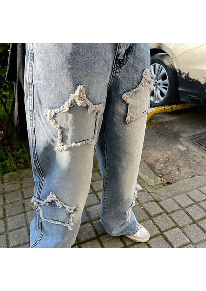 Buz Mavisi Taşlanmış Yıldız Yamalı Vintage Baggy Kot Pantolon indirimleri