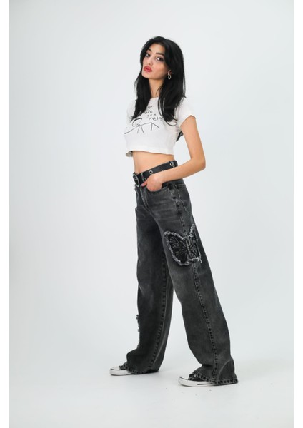 Siyah Jean Butterfly Baggy Kot Pantolon