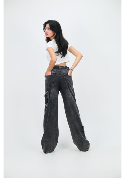 Siyah Jean Butterfly Baggy Kot Pantolon