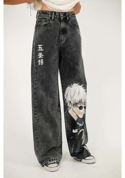 Siyah Jean Jujutsu Kiasen Satoru Gojo Baggy Kot Pantolon