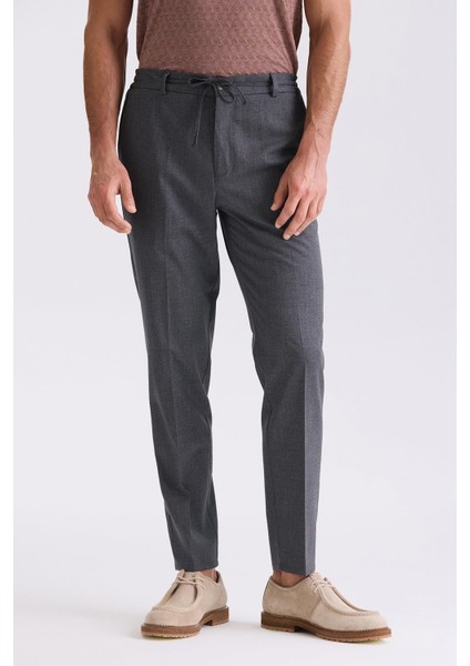 Koyu Lacivert Comfort Fit Beli Lastikli Yünlü Kumaş Pantolon