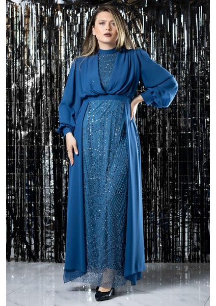 Işleme Detaylı Şifon Abiye Elbise Indigo FHM954