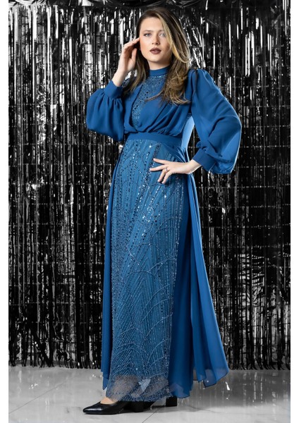 Işleme Detaylı Şifon Abiye Elbise Indigo FHM954 fiyatları