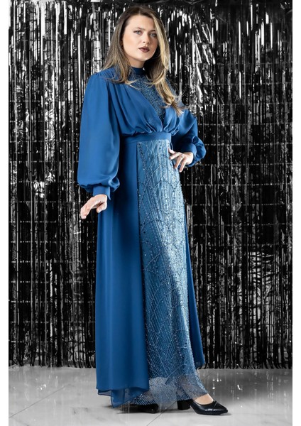 Işleme Detaylı Şifon Abiye Elbise Indigo FHM954 modelleri