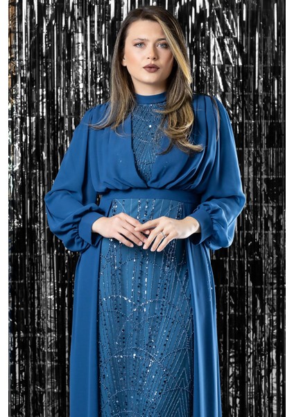 Işleme Detaylı Şifon Abiye Elbise Indigo FHM954 fırsatları