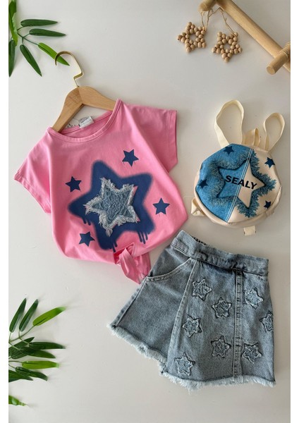 Yıldız Desenli Çantalı Kız Çocuk Kot Şortetekli 3 lü takım - Pembe