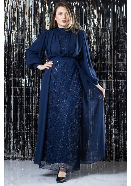 Işleme Detaylı Şifon Abiye Elbise Lacivert FHM954