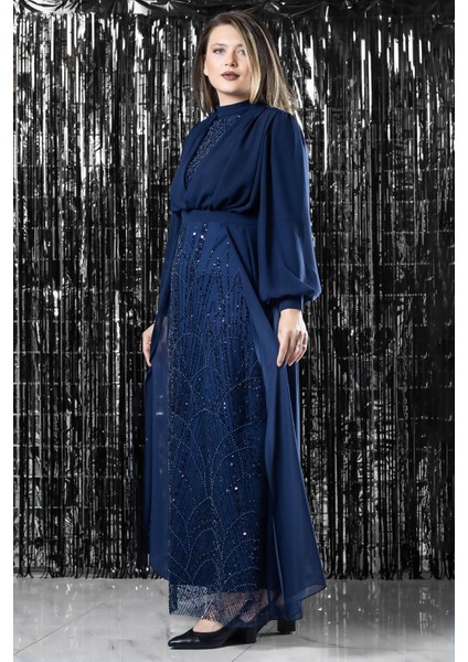 Işleme Detaylı Şifon Abiye Elbise Lacivert FHM954 fiyatları