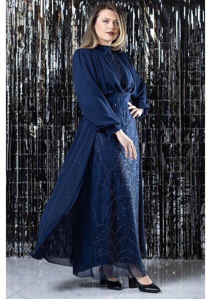 Işleme Detaylı Şifon Abiye Elbise Lacivert FHM954 modelleri