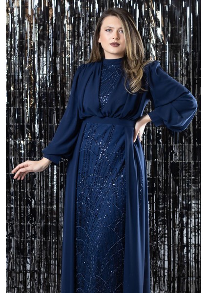 Işleme Detaylı Şifon Abiye Elbise Lacivert FHM954 fırsatları
