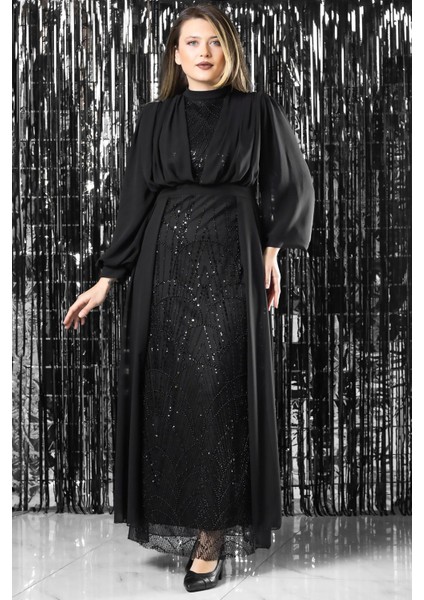 Işleme Detaylı Şifon Abiye Elbise Siyah FHM954