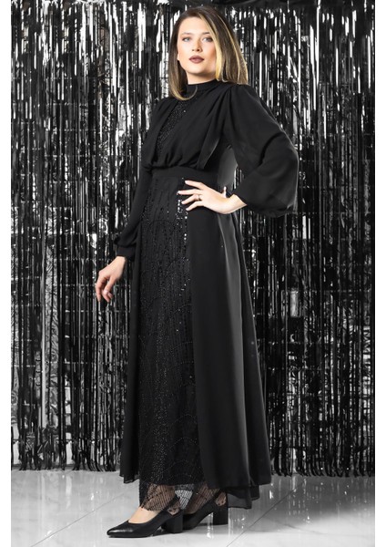 Işleme Detaylı Şifon Abiye Elbise Siyah FHM954 fiyatları