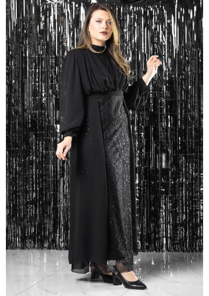 Işleme Detaylı Şifon Abiye Elbise Siyah FHM954 modelleri