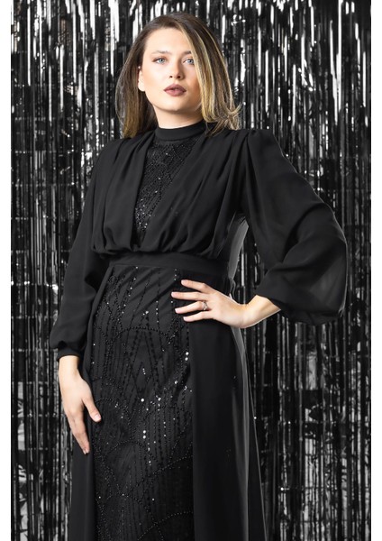 Işleme Detaylı Şifon Abiye Elbise Siyah FHM954 fırsatları