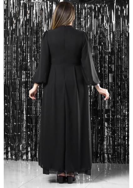 Işleme Detaylı Şifon Abiye Elbise Siyah FHM954 indirimleri