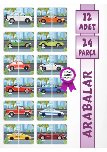 Arabalar Puzzle Magnet Seti 12 Adet, 24 Parça Dikkat Geliştiren Zeka Oyunu, Çocuk Oyalayan Oyuncak