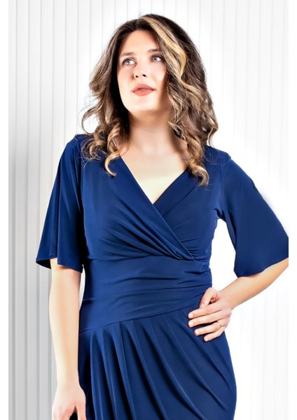 Dökümlü Sandy Abiye Elbise Lacivert MDV368