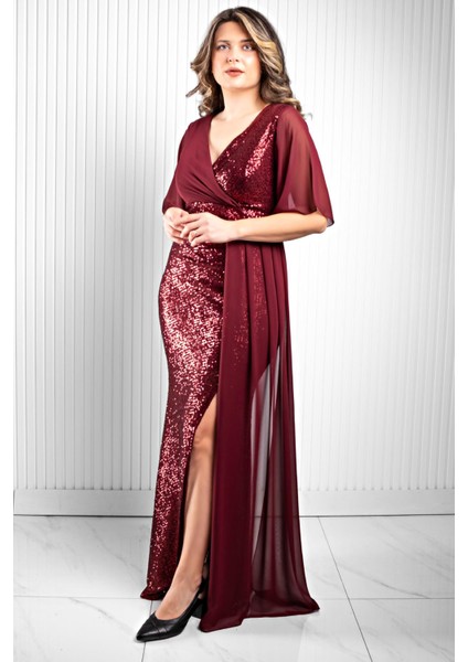 Pul Payetli Şifon Abiye Elbise Bordo MDV364