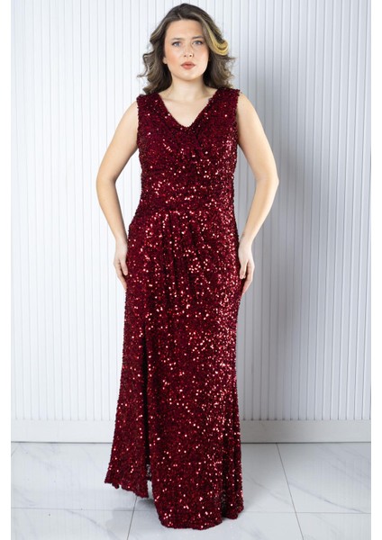 Pul Payetli Abiye Elbise Bordo MDV372