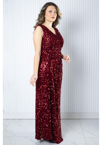 Pul Payetli Abiye Elbise Bordo MDV372
