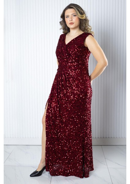 Pul Payetli Abiye Elbise Bordo MDV372