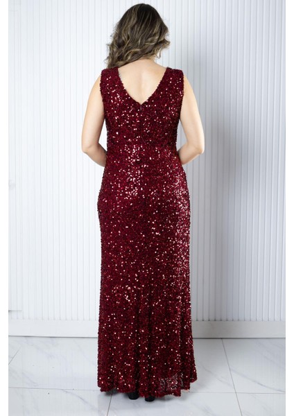 Pul Payetli Abiye Elbise Bordo MDV372