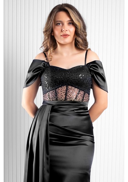 Pul Payet Detaylı Saten Abiye Siyah MDV374 fırsatları