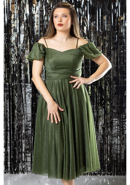 Askılı Simli Abiye Elbise Haki MDV376