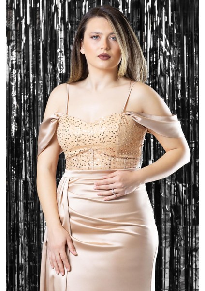 Pul Payet Detaylı Saten Abiye Gold MDV374