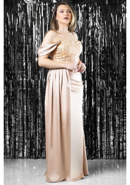 Pul Payet Detaylı Saten Abiye Gold MDV374