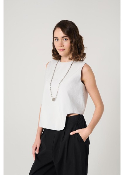 Taş Rengi Asimetrik Kesim Kadın Kolsuz Crop Bluz