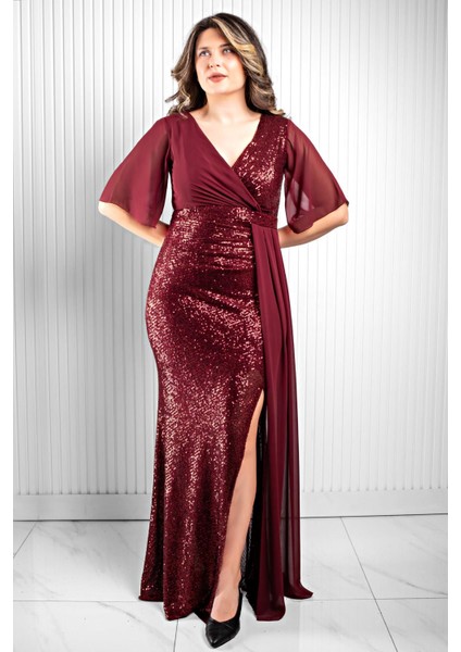 Pul Payetli Şifon Abiye Elbise Bordo MDV364